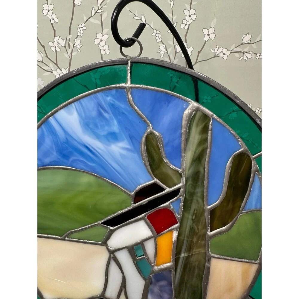 Vintage Southwestern Stained Glass Suncatcher - Siesta Desert Scene